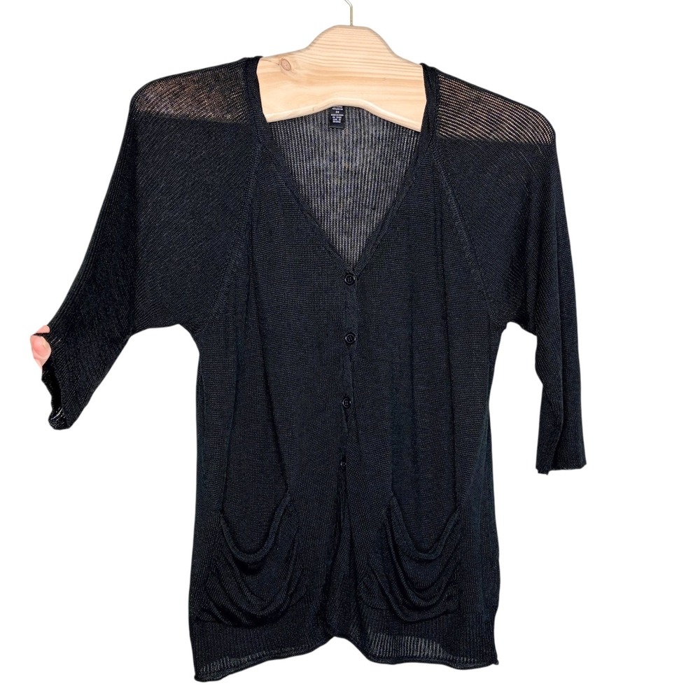 Cable & Gauge Cardigan 3X Black Linen Rayon Blend Sheer Knit 3/4 Sleeve Pockets